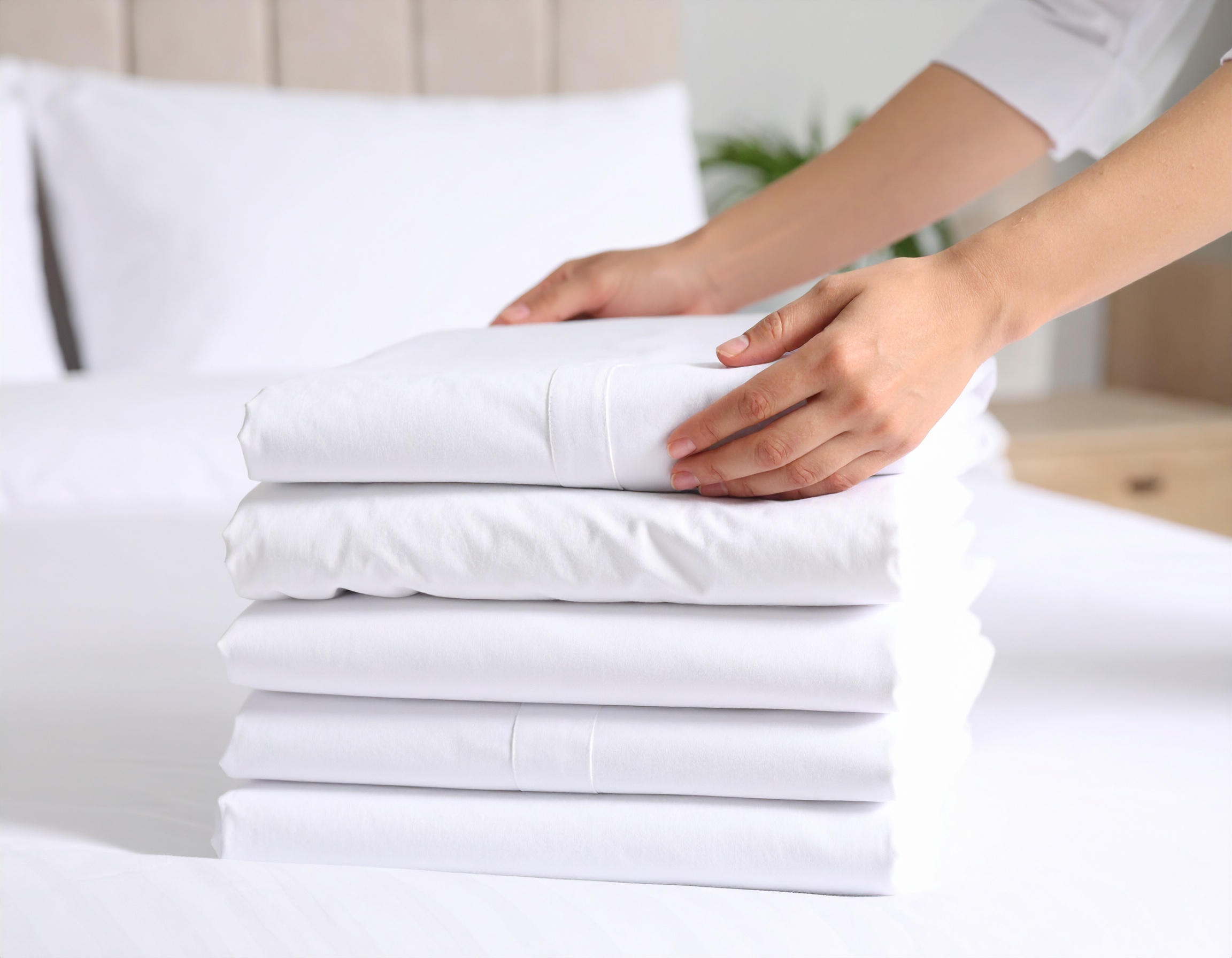 Draps blancs pliés pour professionnels de la location
